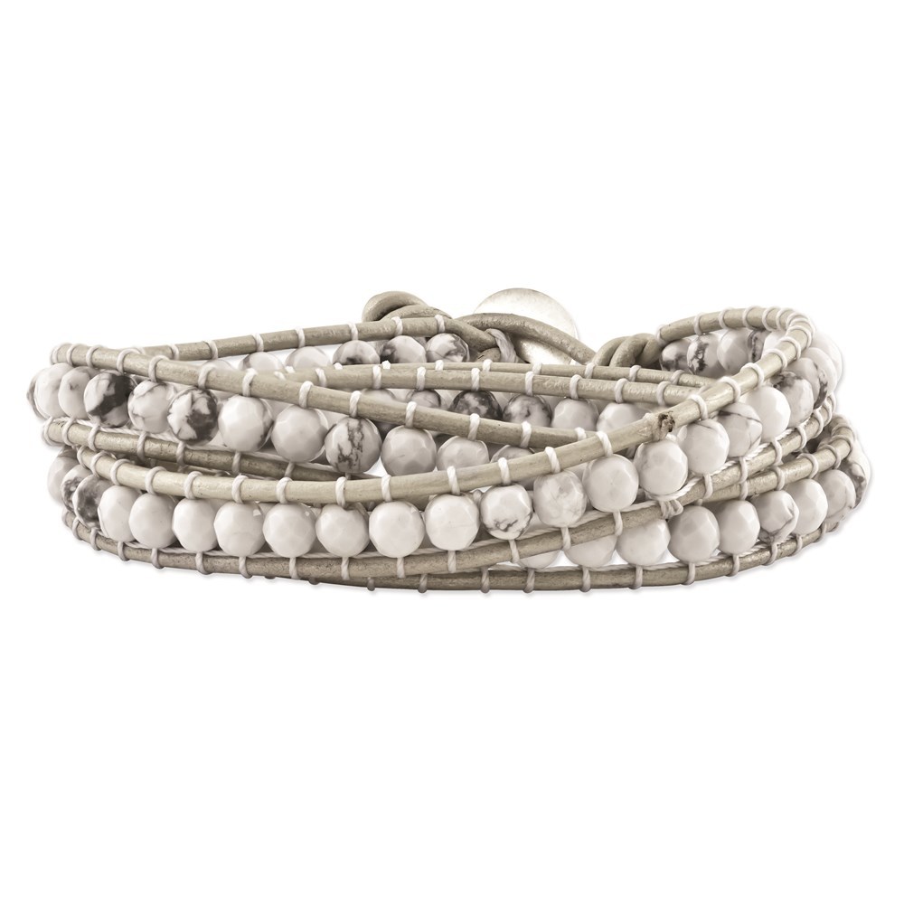 White Howlite Beaded and Leather Multi-wrap Fashion Bracelet